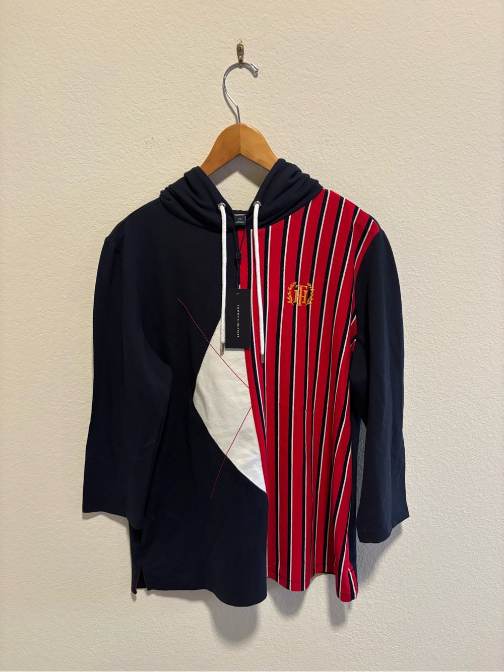 NWT Tommy Hilfiger Navy and Red Striped Hoodie with Crest Accent 3/4 Sleeve